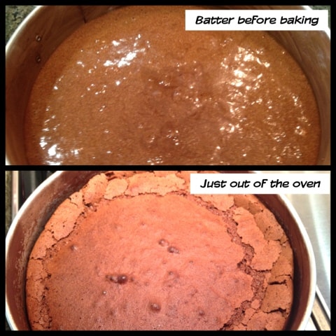 Two images showing the cake before baking, and after baking with a textured top. 