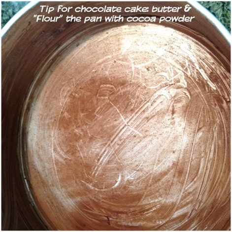 Cocoa powder in the bottom of a cake pan.