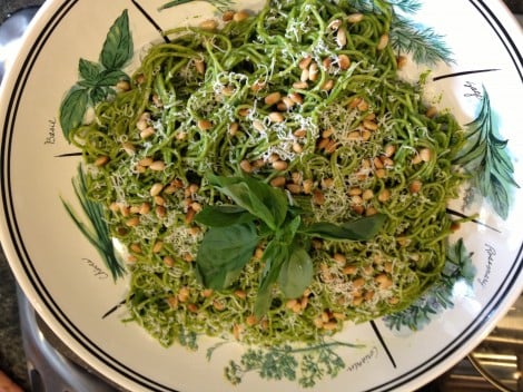 Pea Tendril Pesto on Spaghetti 