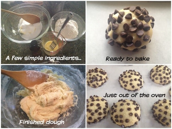 A collage of images showing steps to make chocolate chip cookies.