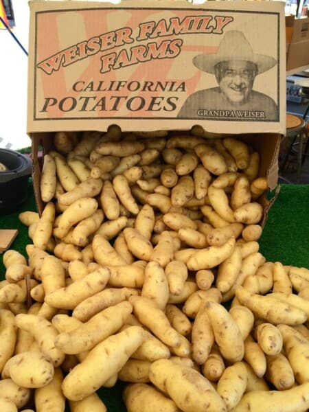 Russian banana fingerling potatoes piled high on a table at the farmers market.