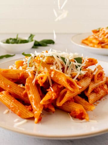 Penne pasta with tomato and veggie sauce topped with a sprinkle of cheese.