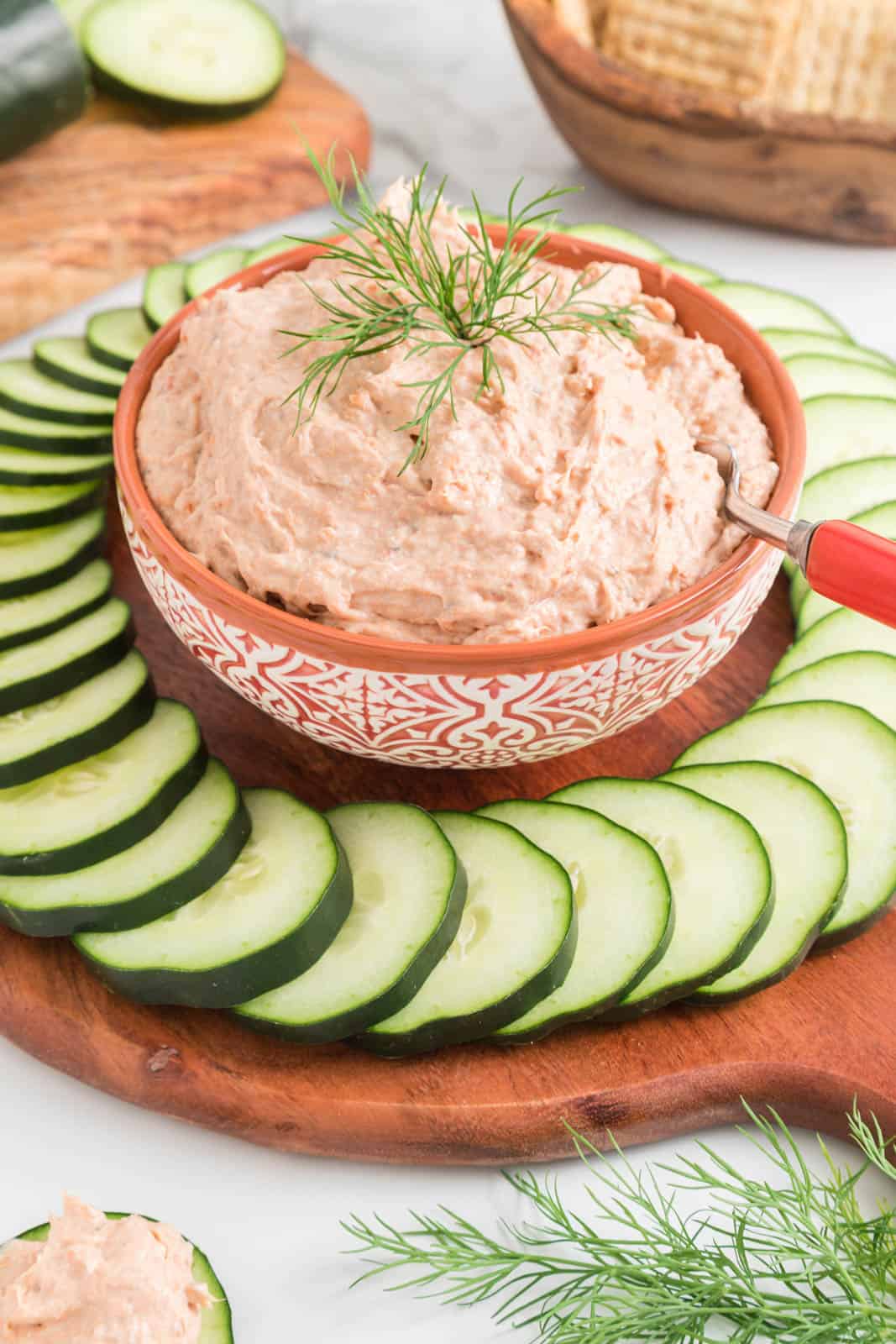 Salmon mousse dip with cucumbers.