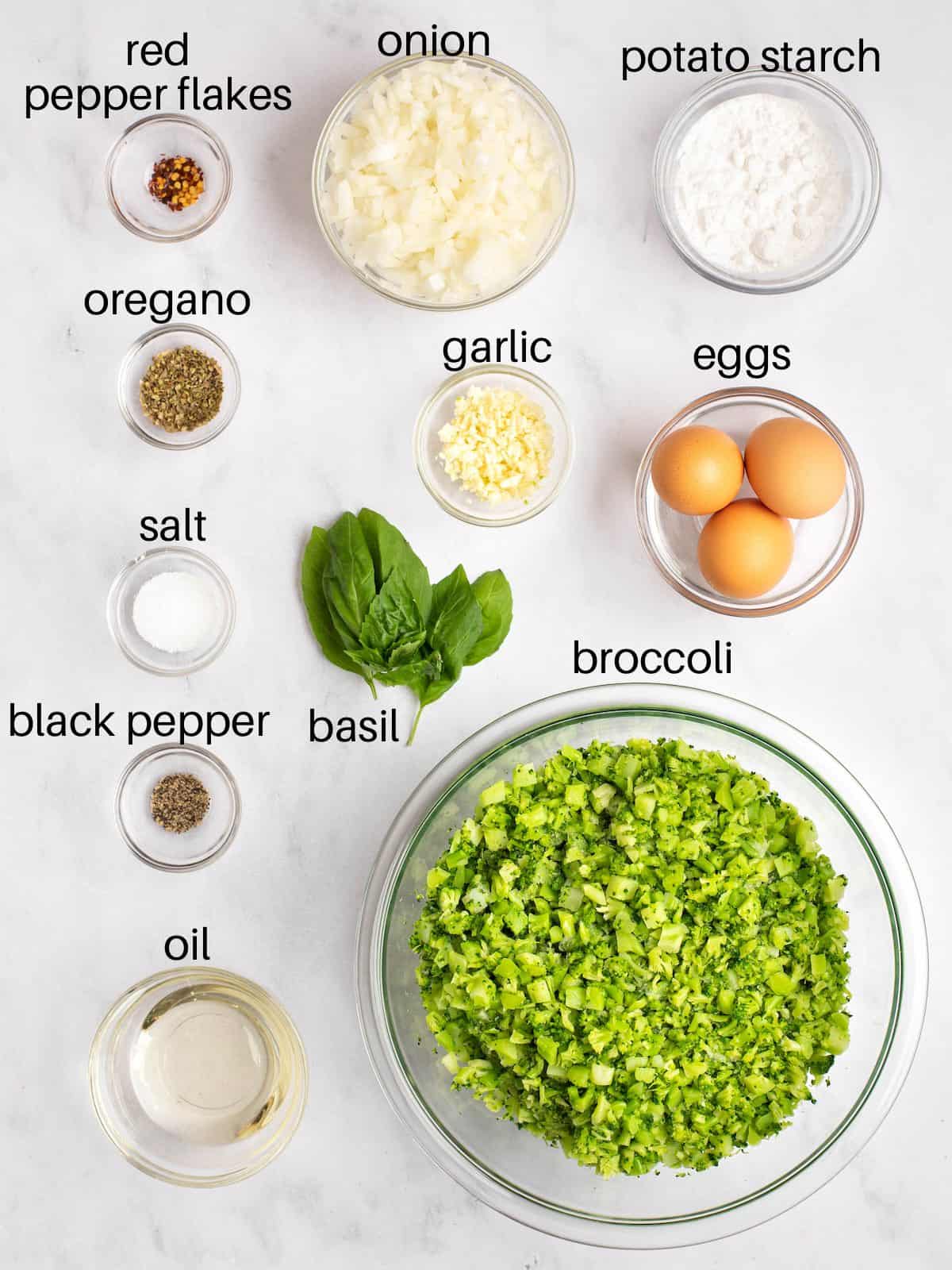 Ingredients needed to make broccoli kugel.