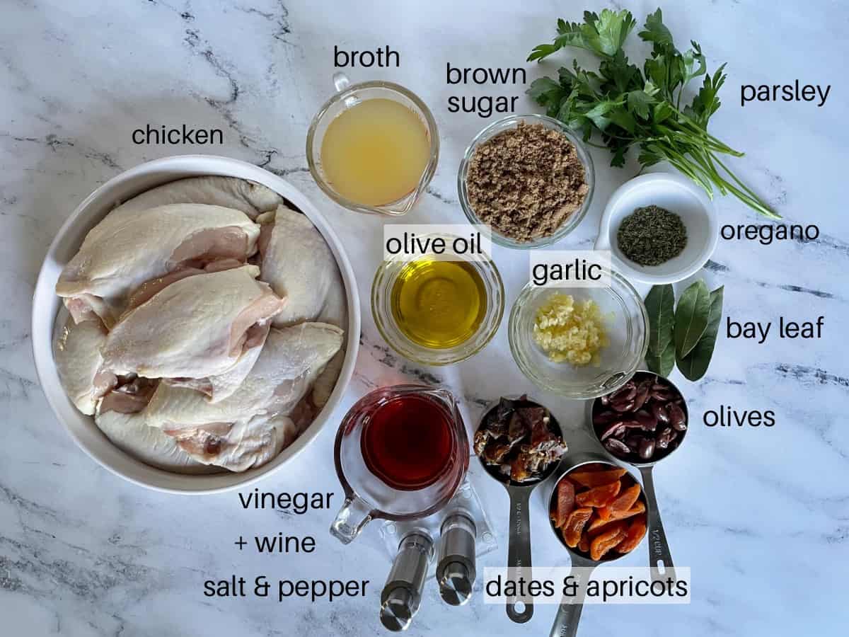 Ingredients needed to make chicken marbella.