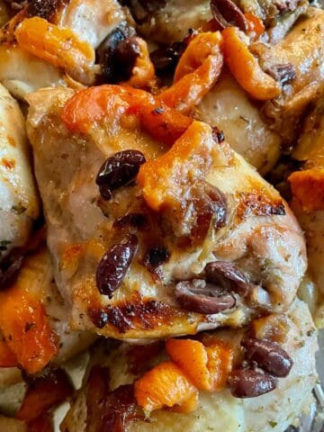 Chicken Marbella with apricots and olives.