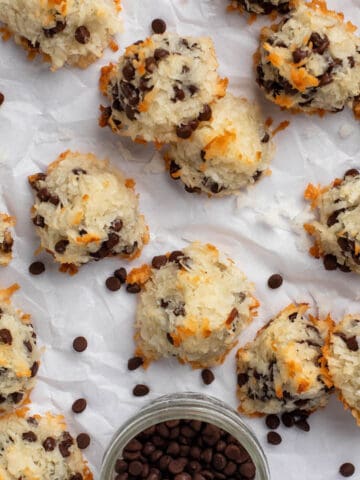 Chocolate chip macaroons with crisp golden brown edges.