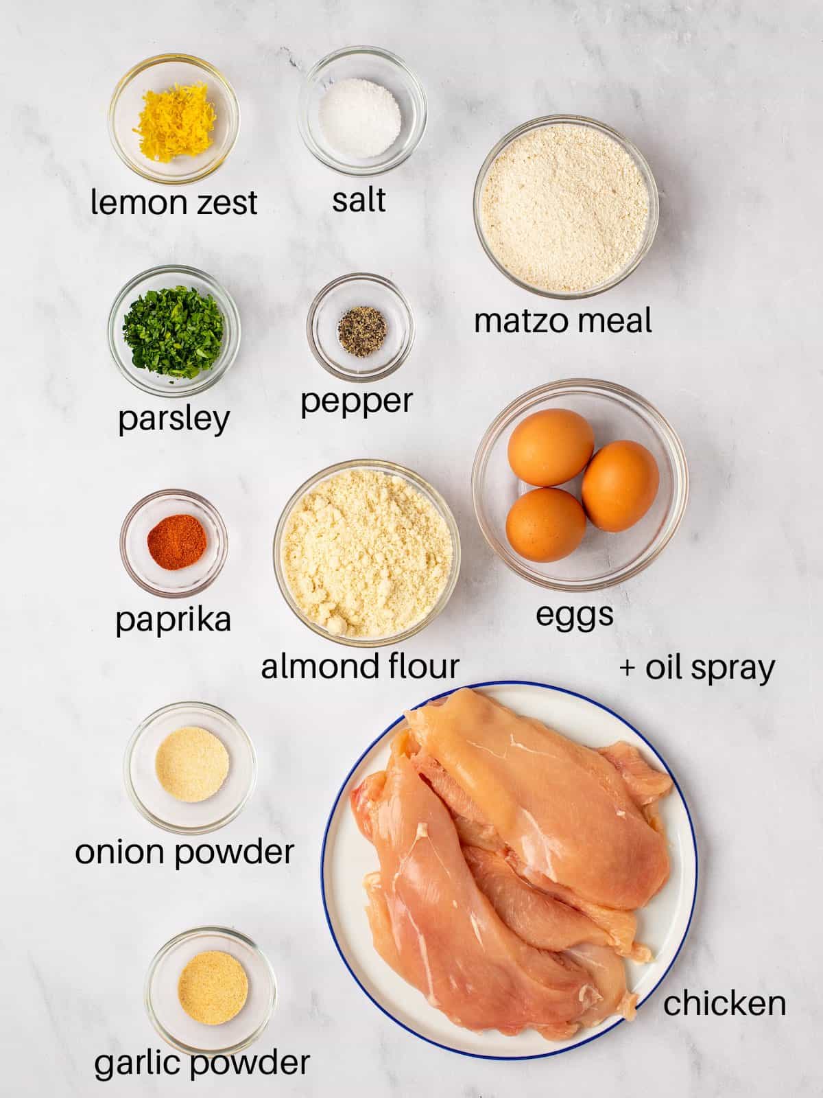 Ingredients needed to baked chicken schnitzel for Passover.