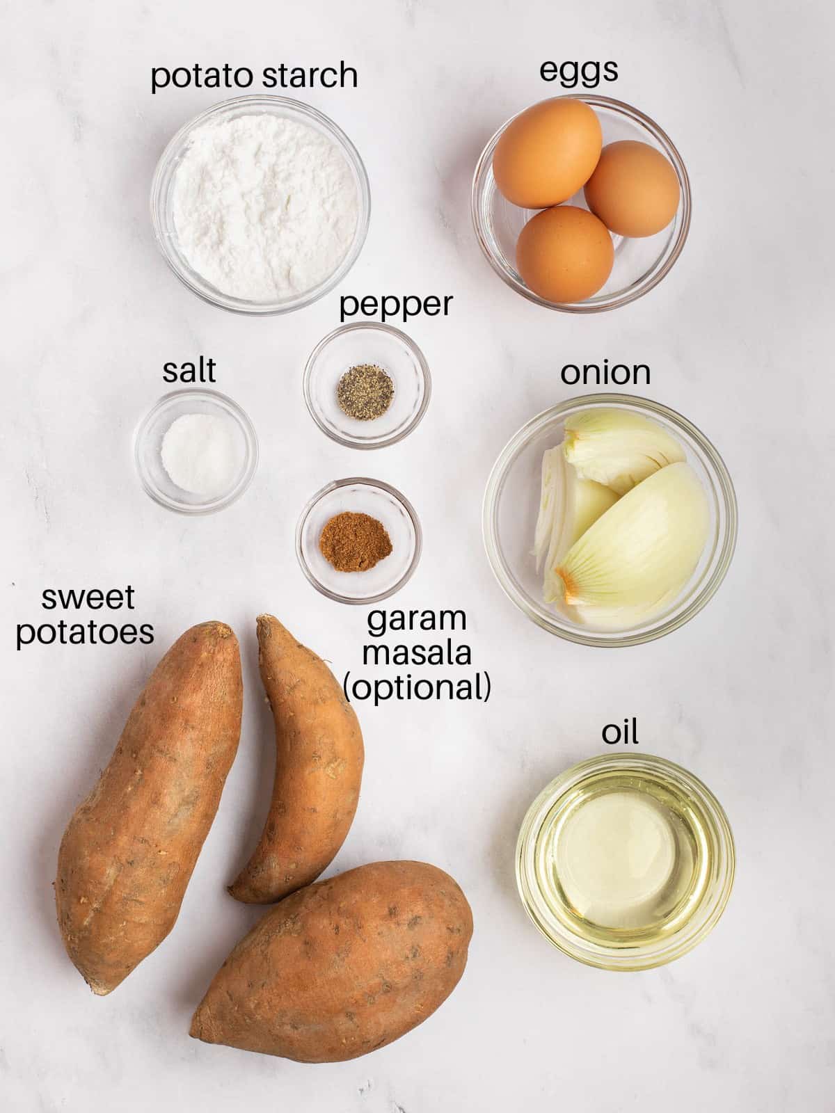 Ingredients needed to make sweet potato latkes.