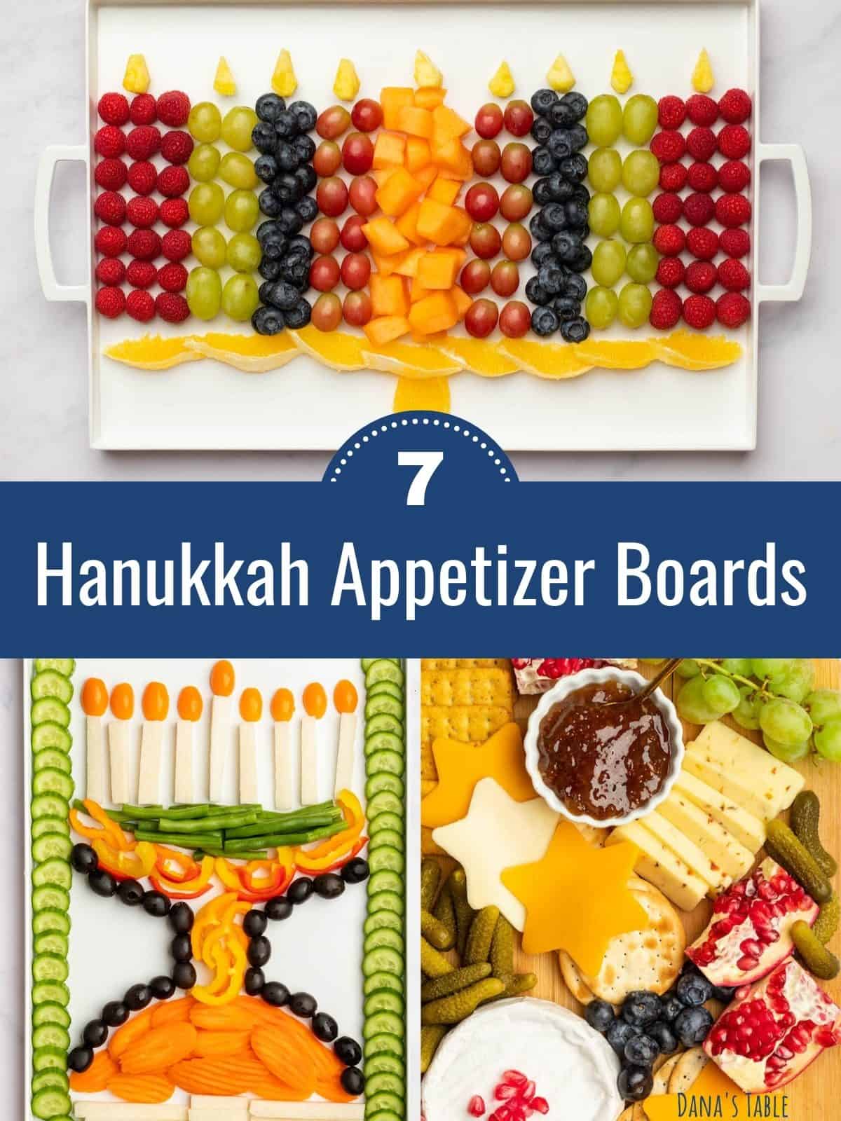 Collage of menorah made out of fruits and vegetables and Star of David cheese board.