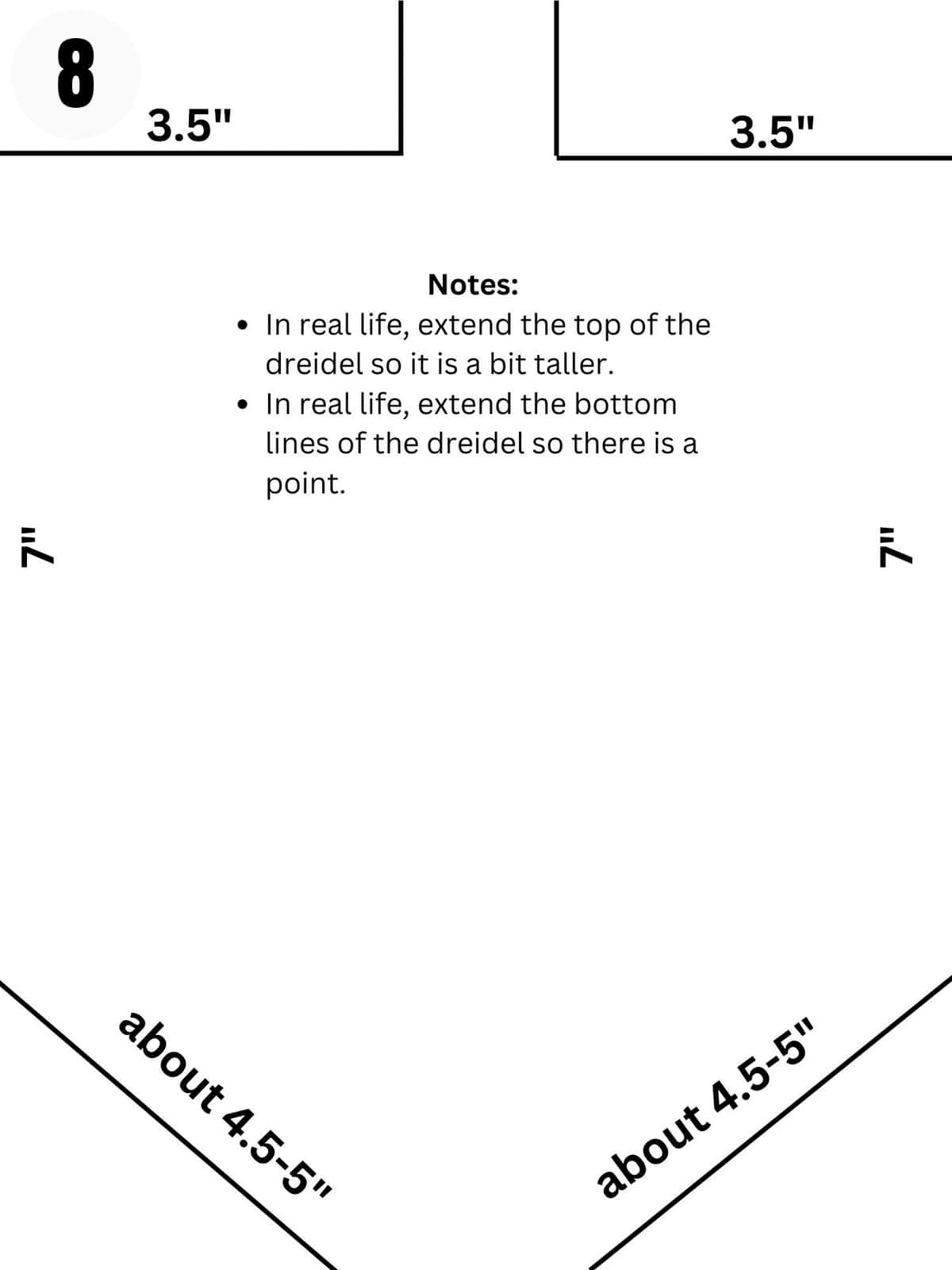Diagram showing dimensions of the hot dog dreidel shape.