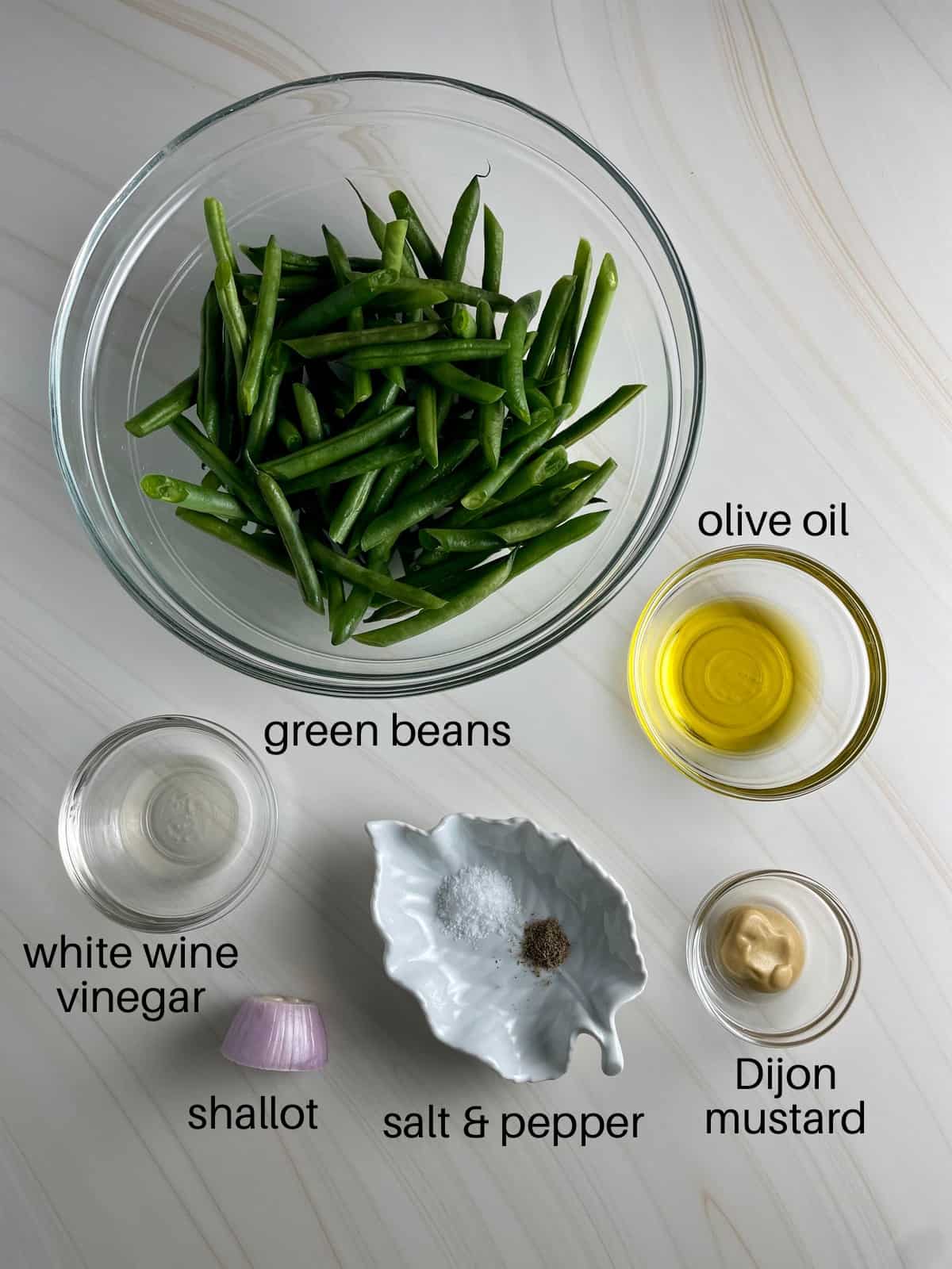 ingredients for mustard shallot green beans prepared in small bowls.