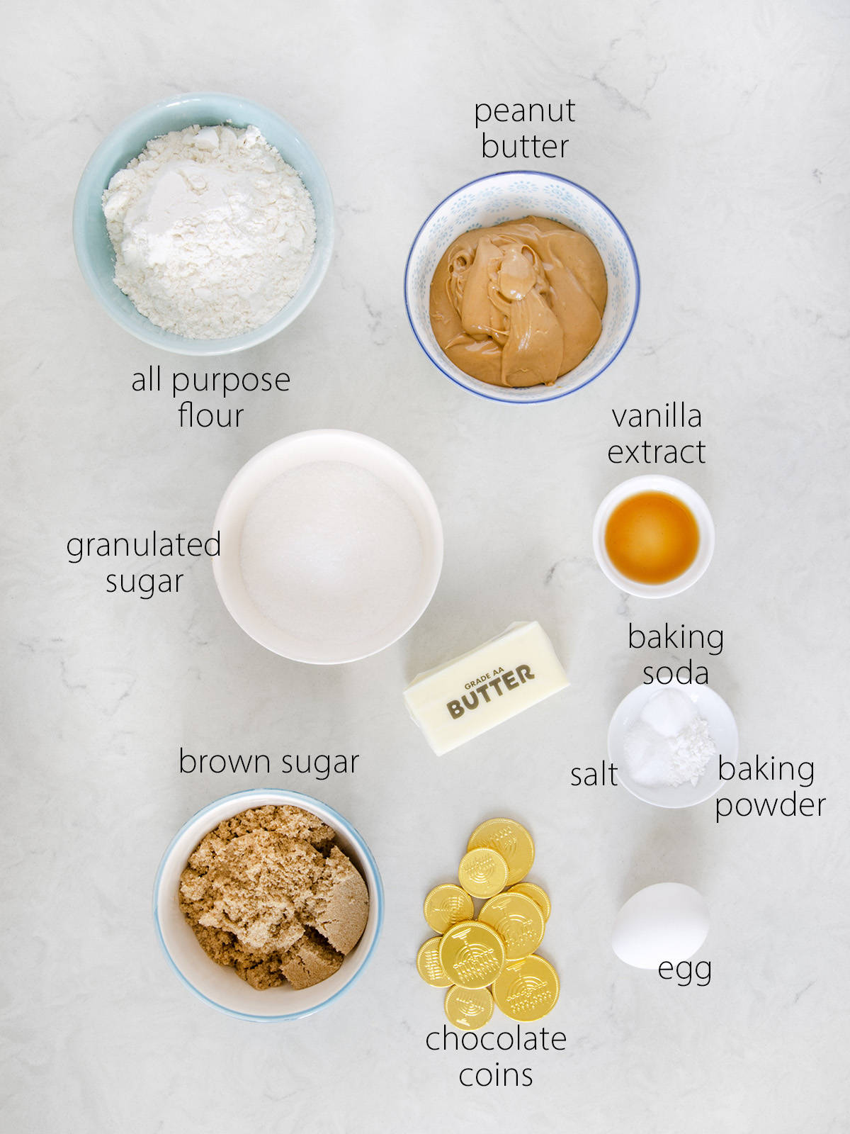 Ingredients needed to make chocolate peanut butter Hanukkah cookies.