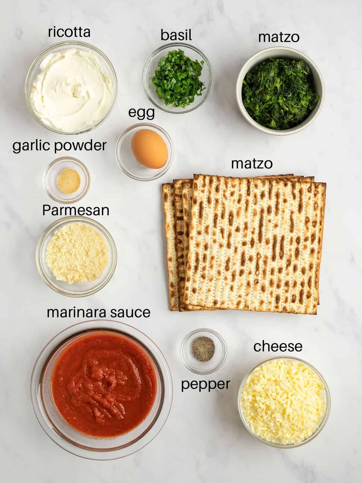 Ingredients needed to make matzo lasagna for passover.