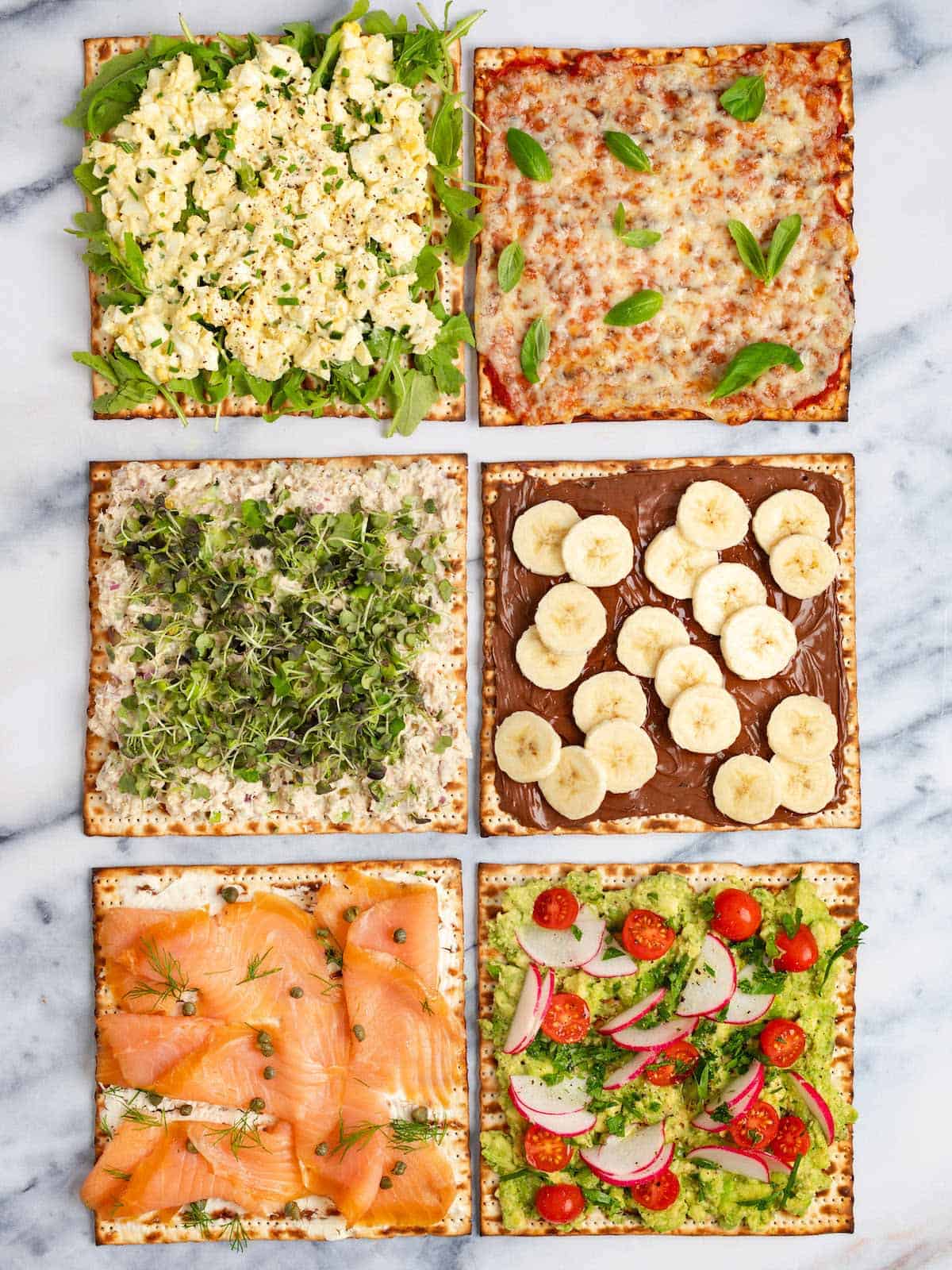 6 sheets of matzo with different toppings including avocado, egg salad, tuna salad, lox, pizza, and hazelnut spread.
