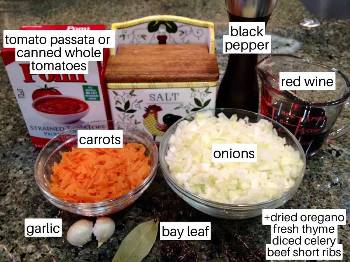 Ingredients used to make short rib ragu on a counter.