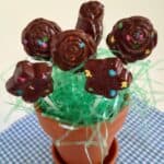 Chocolate lollipops are shaped like flowers and displayed in a terracotta pot centerpiece.