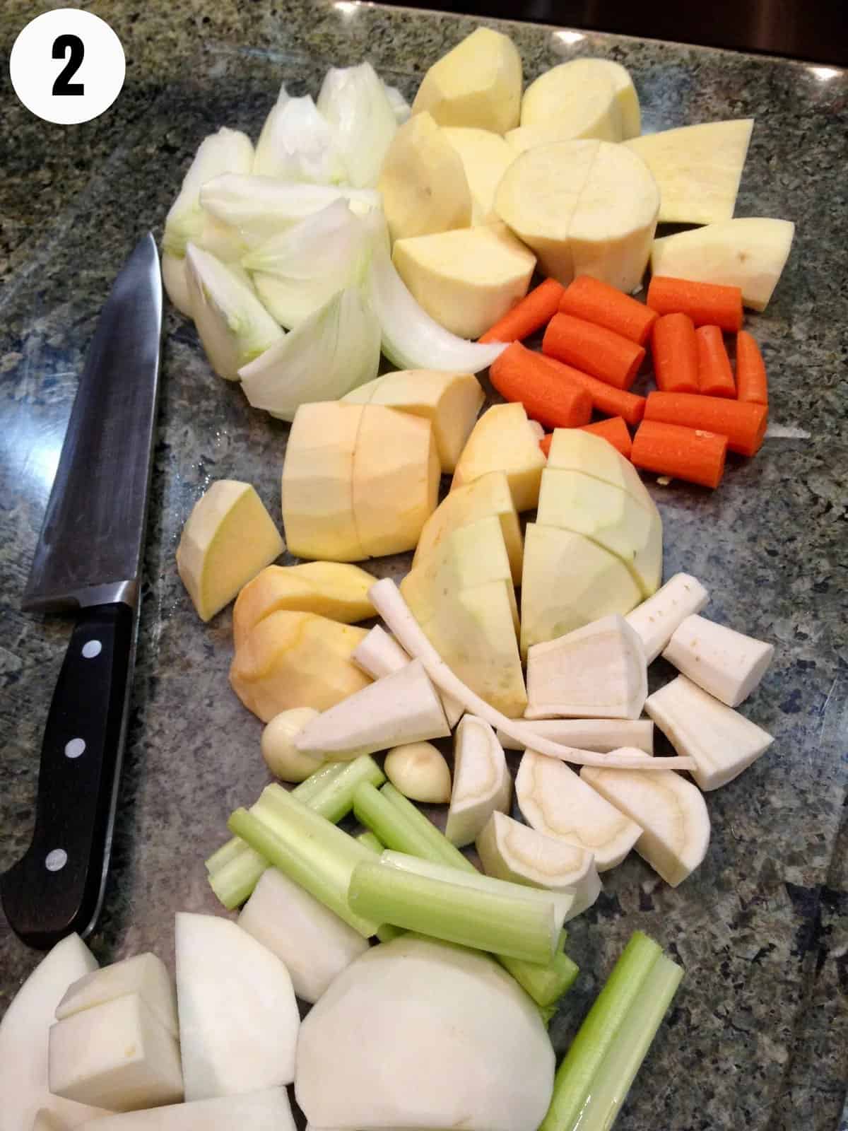 Chopped vegetables on a cutting board.