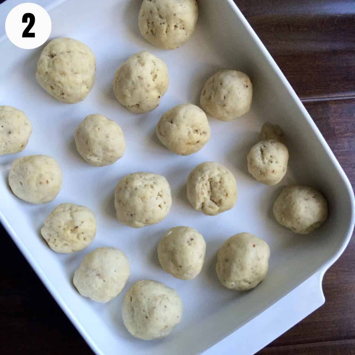 Matzo balls in a baking dish.