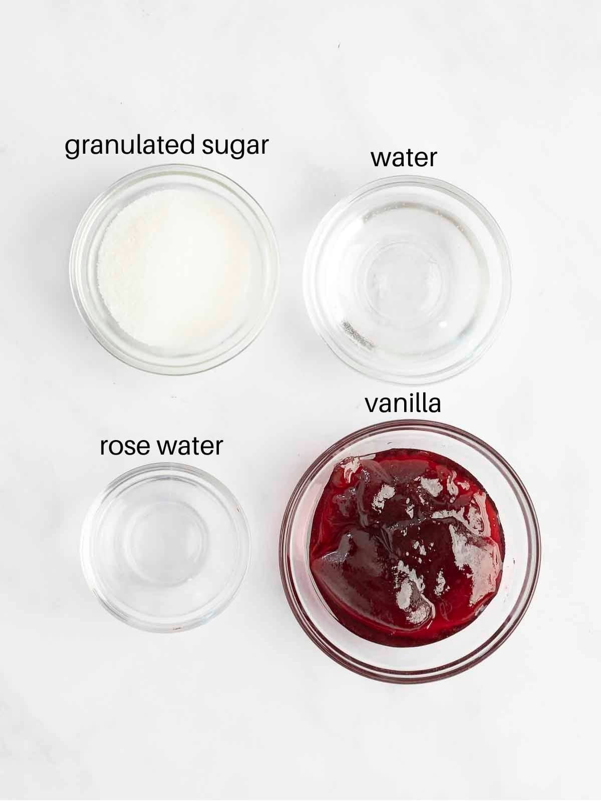 Syrup topping ingredients; sugar, water, raspberry jam and rosewater. 
