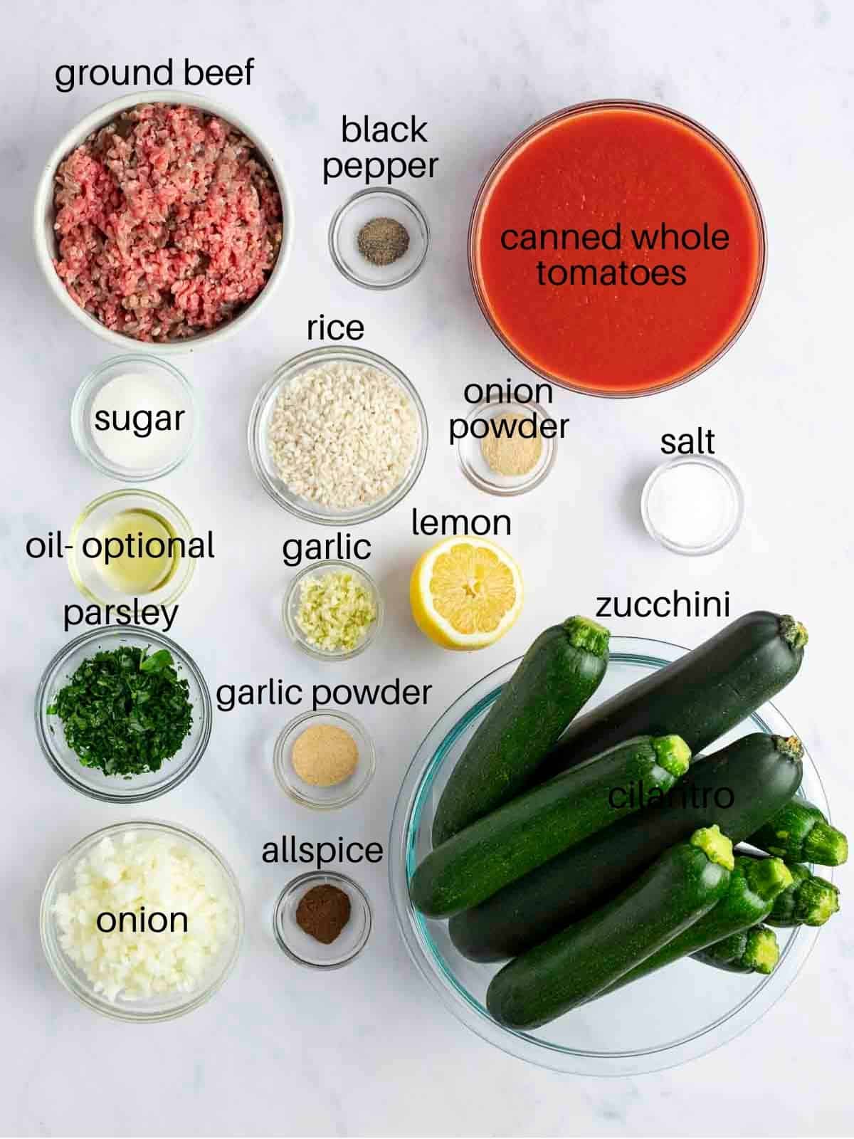 Ingredients to make kousa mahshi, stuffed zucchini.