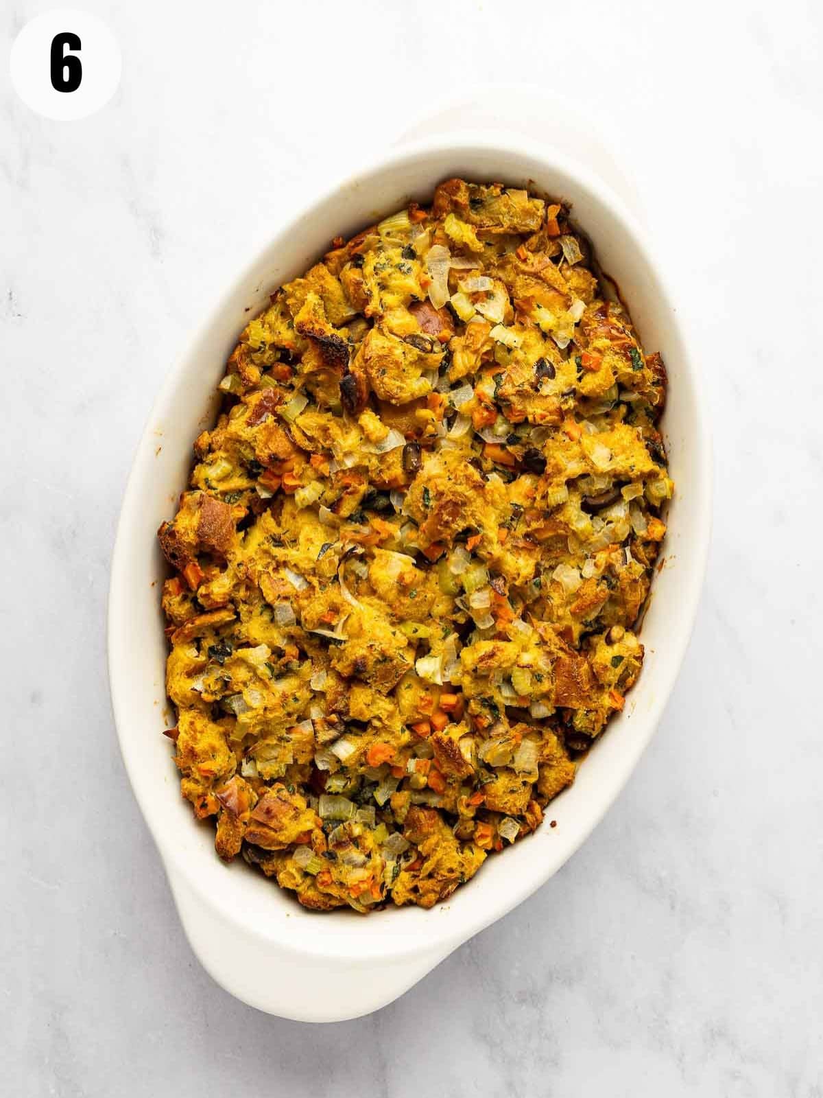 Baked chestnut challah stuffing in a baking dish.